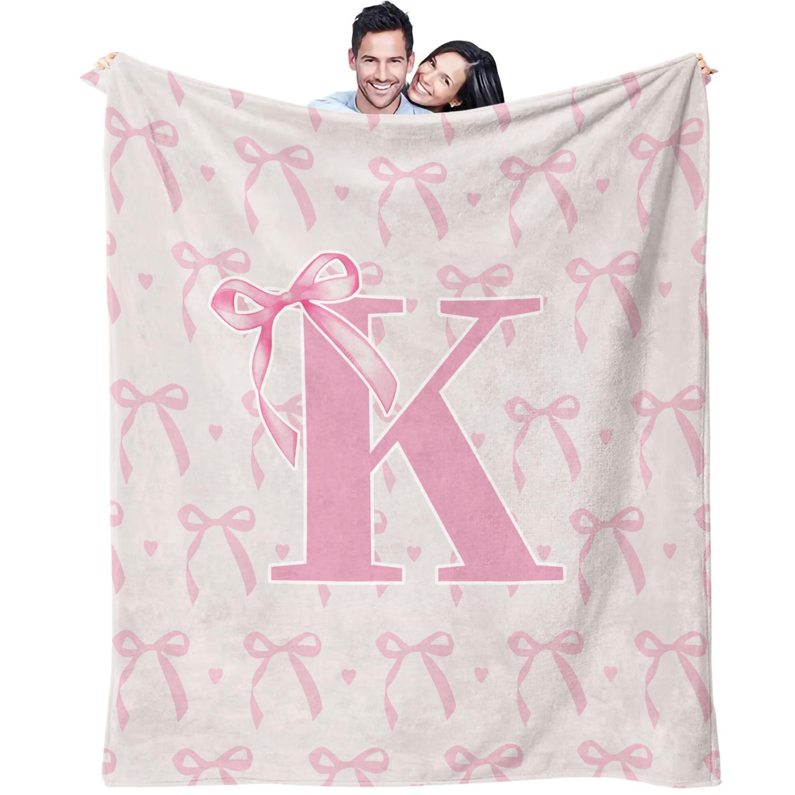 Pink Bow Custom Initial Throw Blanket, Sweet Girl Style Heart Print, Soft Warm Cozy Skin-friendly, Ideal for Bedroom Living Room Sofa Dorm Decor