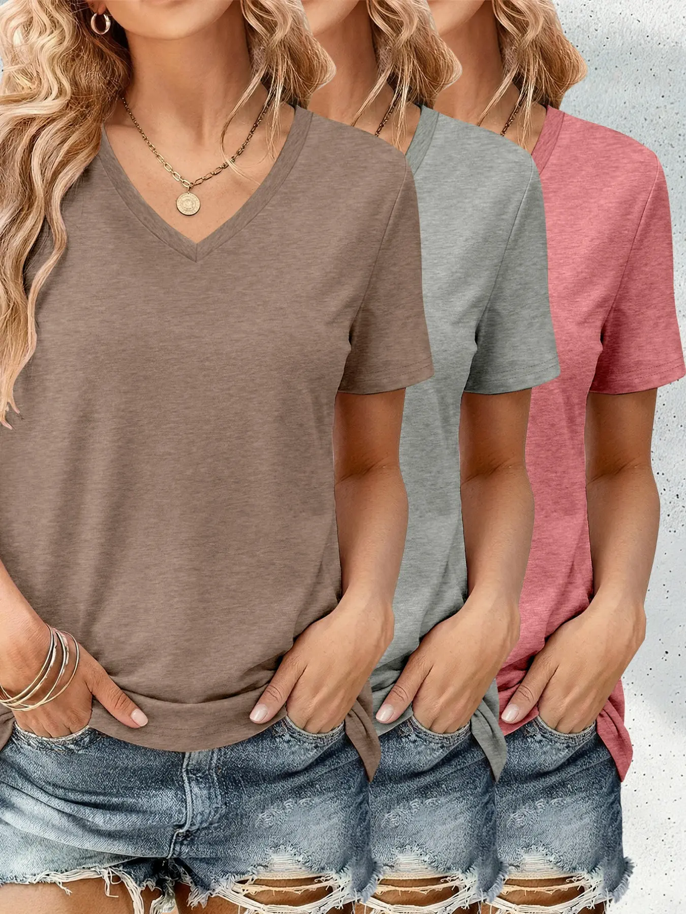 3-Pack Women's V-Neck Short Sleeve T-Shirts, Basic Fashion Top, Vacation Wear, Holiday, Soft Fabric, Daily Comfort, Casual Style