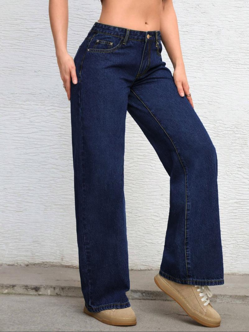 Women's Solid Color Denim Jeans Deep Blue Washed Mid-Waist Straight Leg Pocket Pants, Casual Fashion Daily Wear & Gift Idea