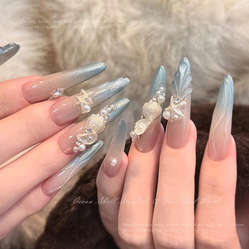 Light Blue Nail Charm Set - Pearl Starfish Shell Nail Pressing DIY Accessory Kit, Ocean Mermaid Style Acrylic Fake Tips, Perfect for Halloween, Christmas, New Year Party Nail Decoration