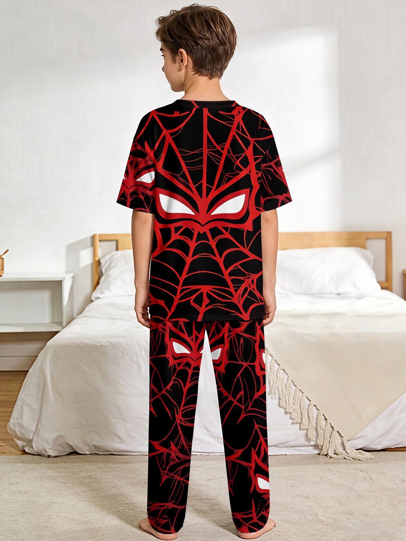 Spider Web Cool Hero 2-Piece Boys' Digital Print Short-Sleeve Pajamas with Long Sleep Pants, a stylish, trendy, casual, comfortable and soft pajama set, suitable for boys' sleep and home leisure, a perfect gift for boys
