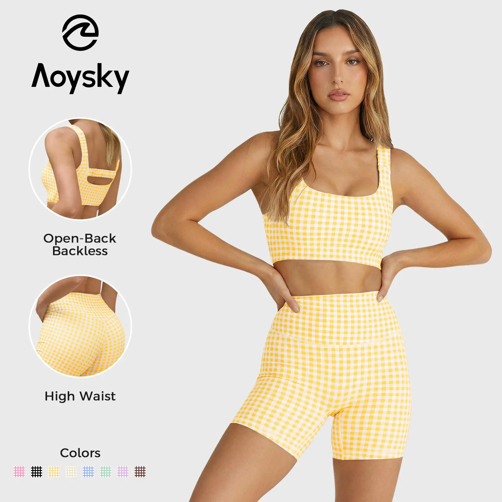 Aoysky Women's 2-Piece Gingham Athletic Match Set - Padded Open Back Crop Tank Top & High Waist Seamless Athletic Shorts, Stretchy Workout Set for Yoga (S-XXL), Summer Vacation Beach Outfits, Two Piece Set