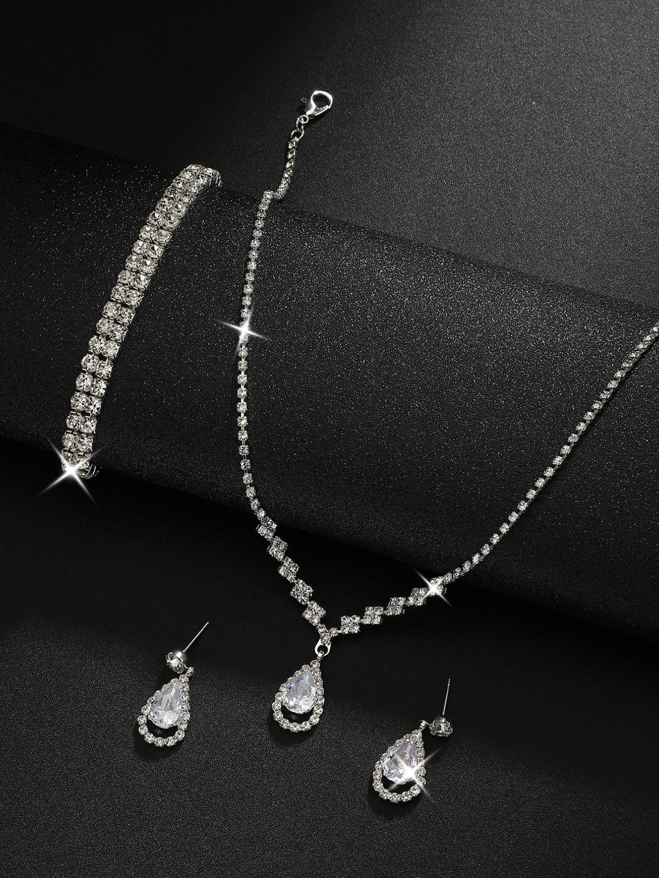 Vintage Luxurious Full Diamond Tennis Chain Set, Teardrop Pendant Necklace Earrings Bracelet, Wedding Accessories, Casual All-Season Jewelry