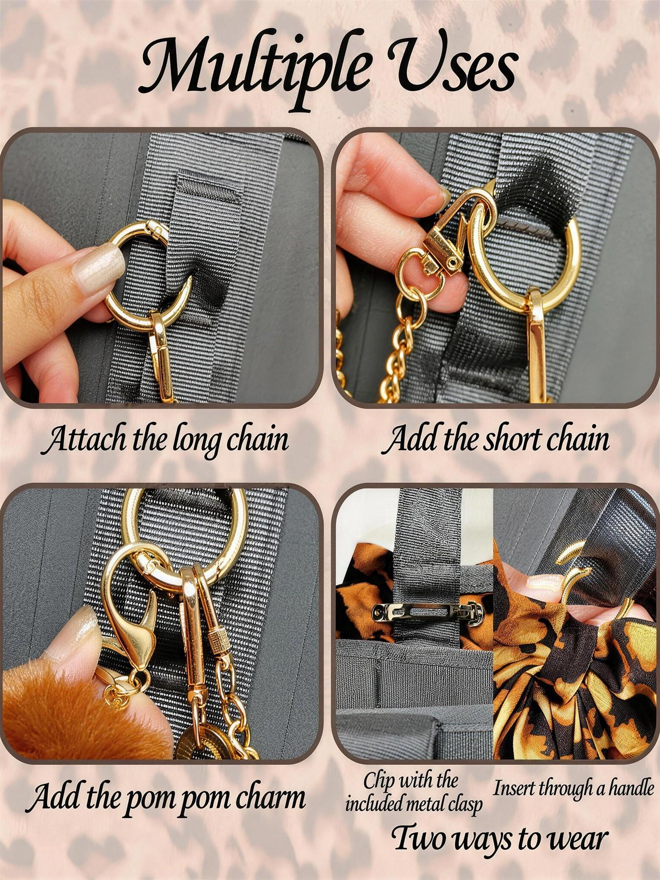 4PCS Leopard Tote Bag Accessories Set, 2 Chains, Satin Bow & Pom Pom, Handbag Decor Kit for Women, Bag Charm Set