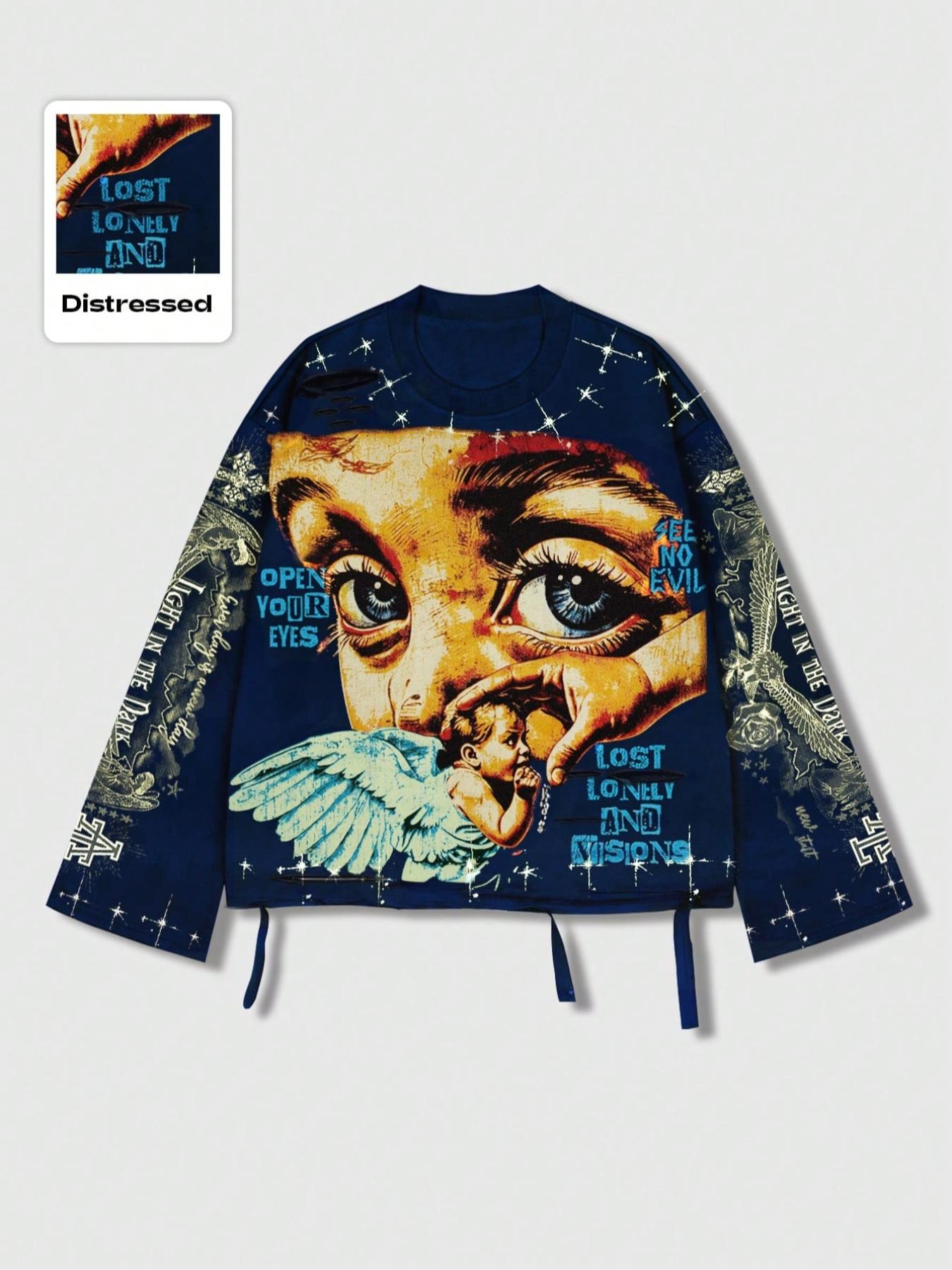 Men's Vintage Street Style Saint Graphic Print Long Sleeve Round Neck T-Shirt, Loose-Fitting Short Fit, Fall 2000s Fashion