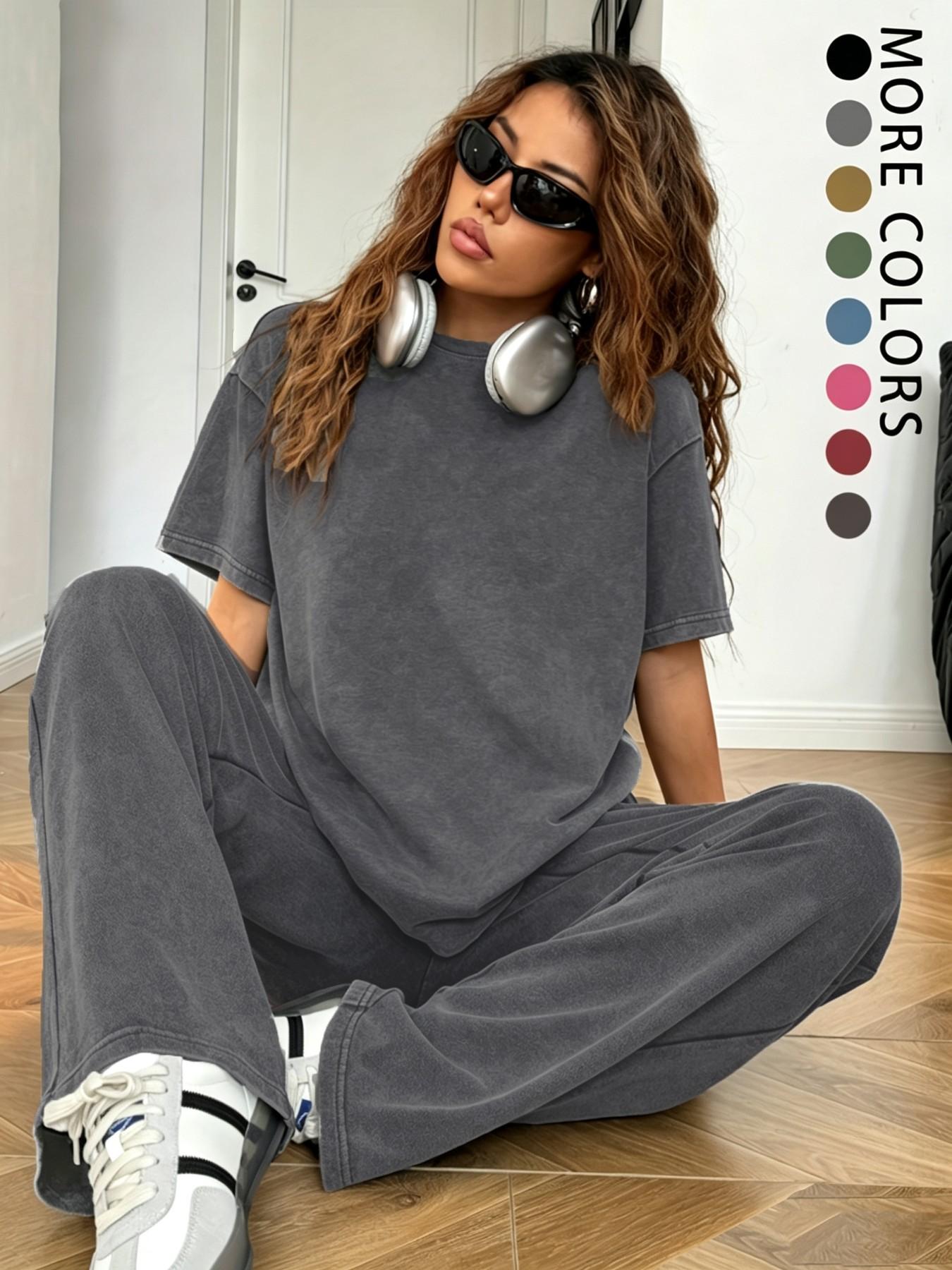 Vintage Acid Wash Knit Cotton Two-Piece Set for Women Loose Round Neck Short Sleeve Tee + Wide Leg Pants, Casual Streetwear Style
