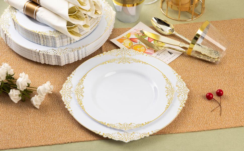 Elegant Gold Plastic Plates for 50 Guests 100 Rim Plates 50 Silverware Sets 50 Napkins Disposable Cups Engagement Tray Ideal for Weddings Parties Christmas Vintage Gold Rim Design Durable and Reliable