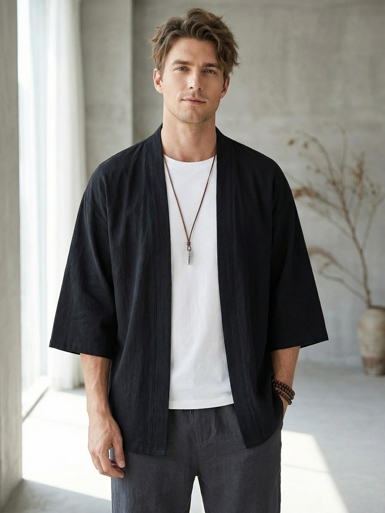 Men's Seven-Quarter Sleeve Japanese Kimono Robe Jacket, Loose Fit Summer Thin Sun Protection Top, Casual Holiday Style
