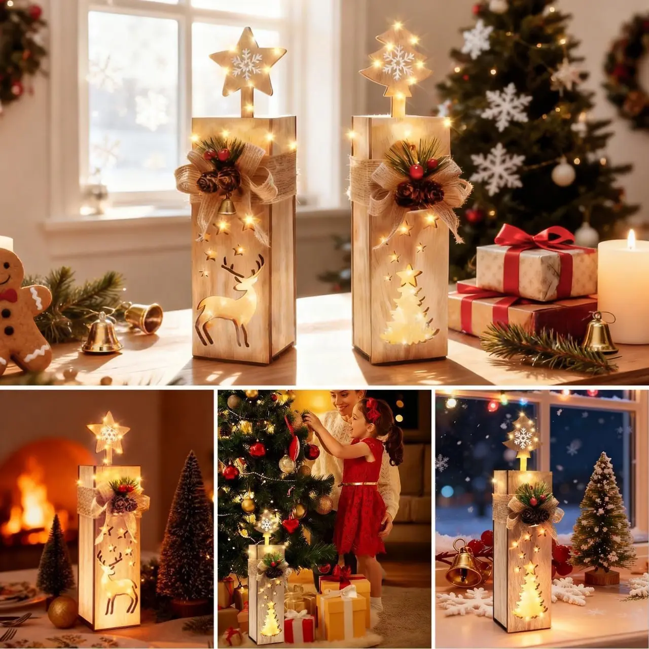 2PCS Wooden Christmas Lighted Gift Box Decorations, Natural Wood Christmas Elk & Tree LED Light Ornaments, Farmhouse Xmas Table Centerpiece Decor, Holiday Home Dining Table Mantel Decor for Family Winter Party
