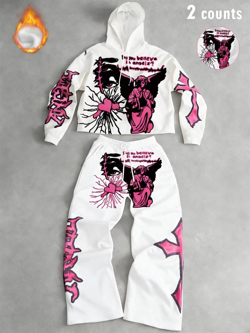 Tiktok Trendy Y2K Style Angel Hoodie & Long Pants Set, Unisex Fall Winter Fleece Sweatshirt, Streetwear Gothic, Couples Fashion Gift