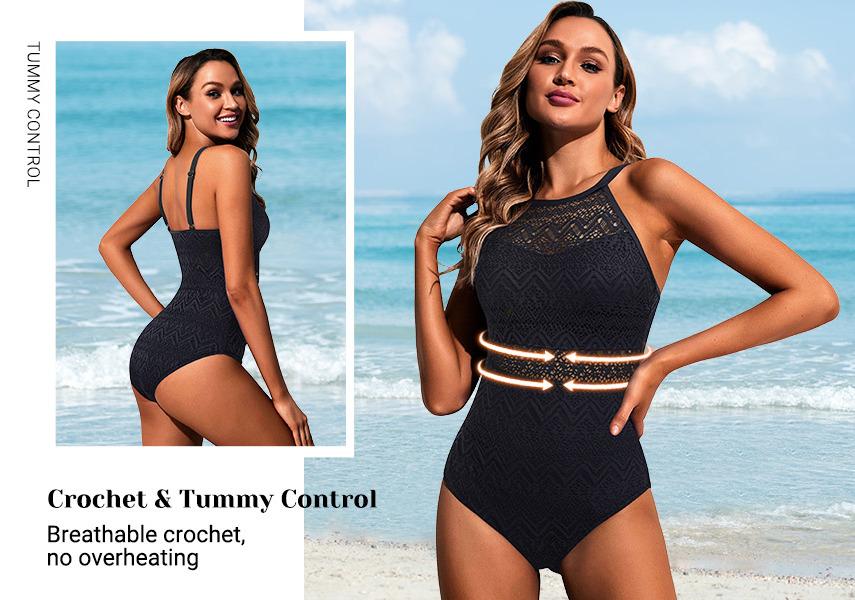 Holipick Lace Women High Neck One Piece Swimsuit Sexy Crochet Bathing Suit Tummy Control Swimwear