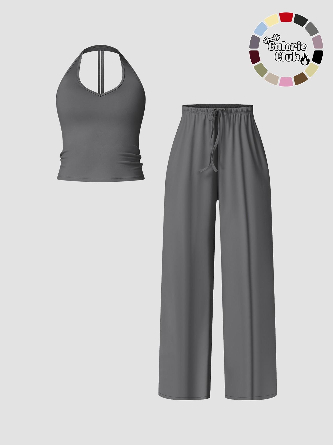 Women's Quick-Dry Sports Tank Top, Casual High-Waisted Bell Bottoms, Comfortable Sporty, All-Season Plain Style, Casual Sportswear Set, Casual Sportswear Outfit