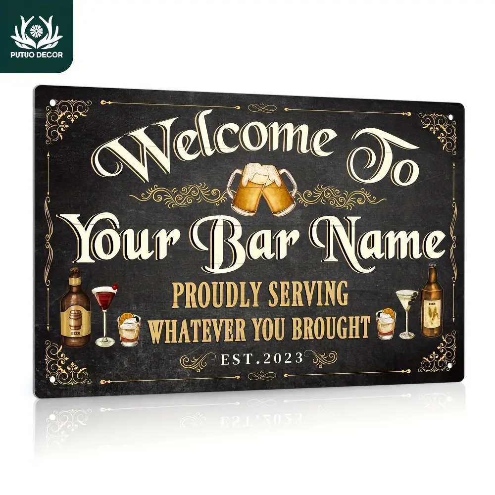 Personalized Vintage Bar Sign - Custom Name Vintage Wall Decor, suitable for taverns, kitchens, clubs, made of 12x8inch aluminum alloy with beer glass design, elegant cursive font, perfect for home bars and social gatherings, bar accessory