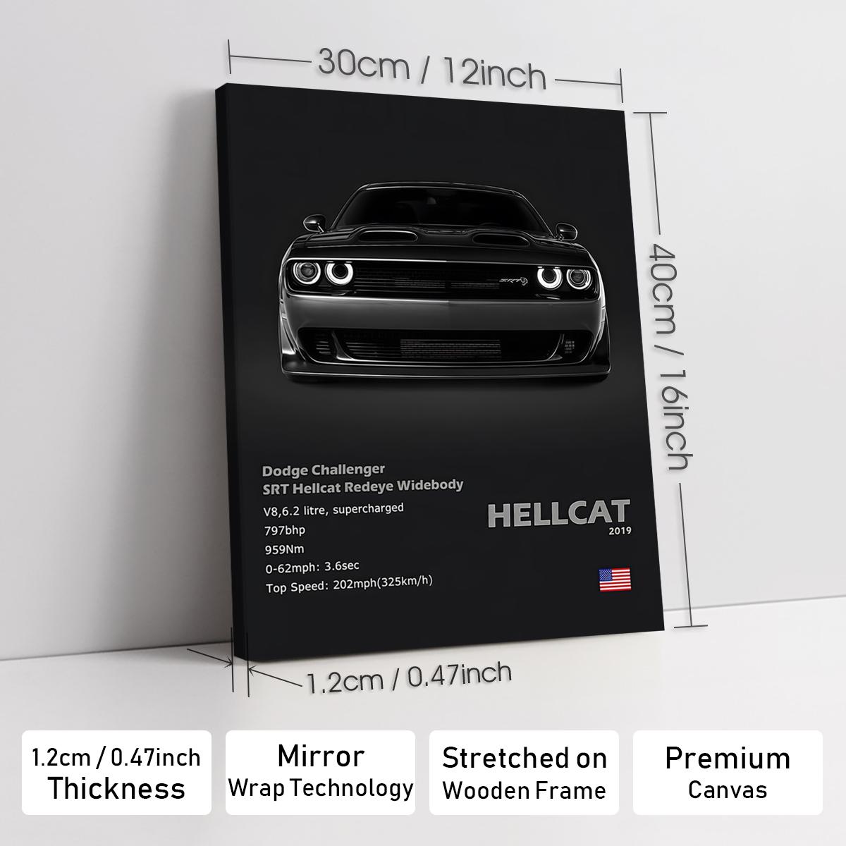 1 Count wooden frame canvas, Dodge Challenger SRT Hellcat poster, Cool car pattern decoration, Fashion Art Hallway Office Mural, Exquisite poster Home Decoration, Ideal Gift, HD, waterproof art, Wooden Wall Art