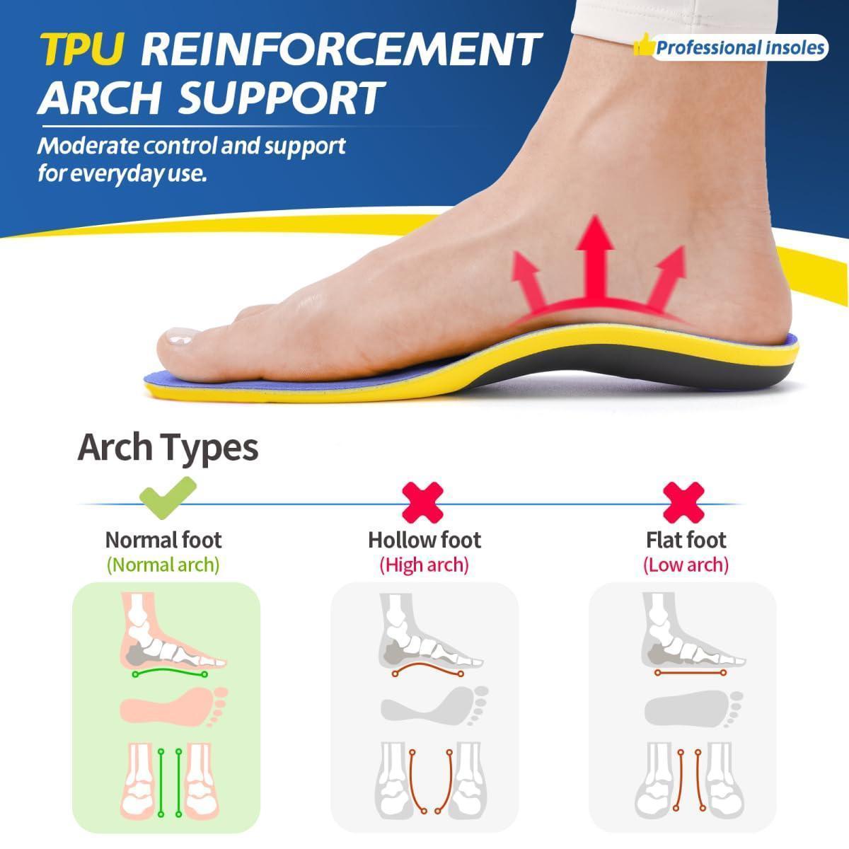 High Arch Support Orthopedic Insoles For Men Women,Plantar Fasciitis Insoles,Work Boot Insoles For Standing All Day,Shock Absorbing Heavy Duty Support Relief Foot Pain,Flat Feet,Heightening Insole,Chef,Food Service,Shoe Inserts,Sweat Footwear
