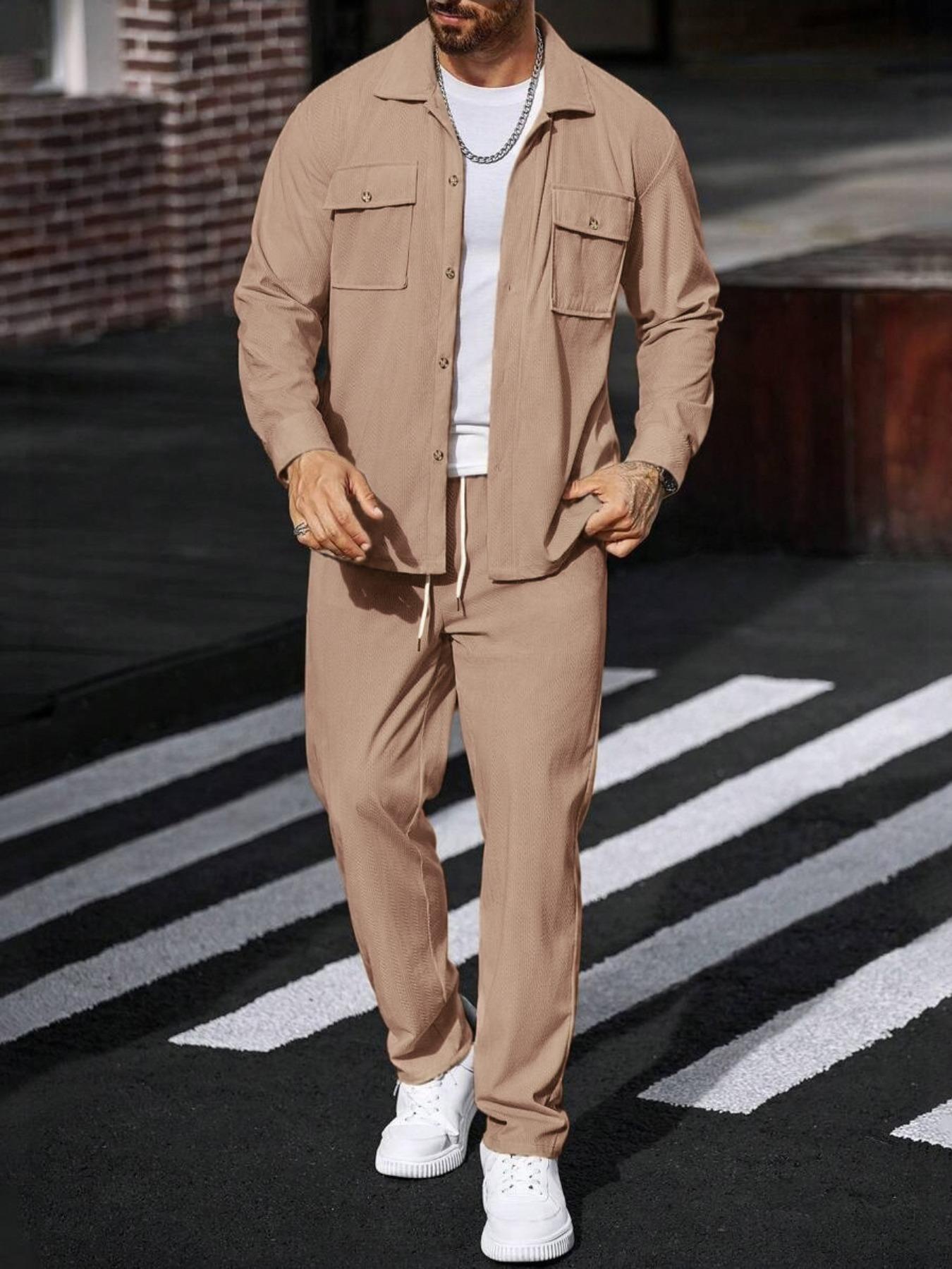 Men's two-piece solid color polo neck button with pockets coat and elastic drawstring waistband sport pants, regular version casual comfortable long sleeve top and, suitable for spring and autumn wear, men's daily clothing.