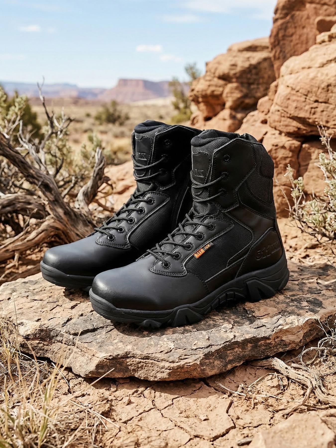 Men's Outdoor Thick-Soled High-Top Hiking Boots, Lightweight Comfortable Trekking Shoes, Side Zipper Lace-Up Men's Tactical Boots