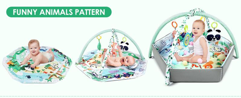 DeLorma 4-in-1 Tummy Time Mat Baby Activity Play Mat with 6 Infant Learning Sensory Toys & 18 Ocean Balls for Motor Skill Development 0-36 Months