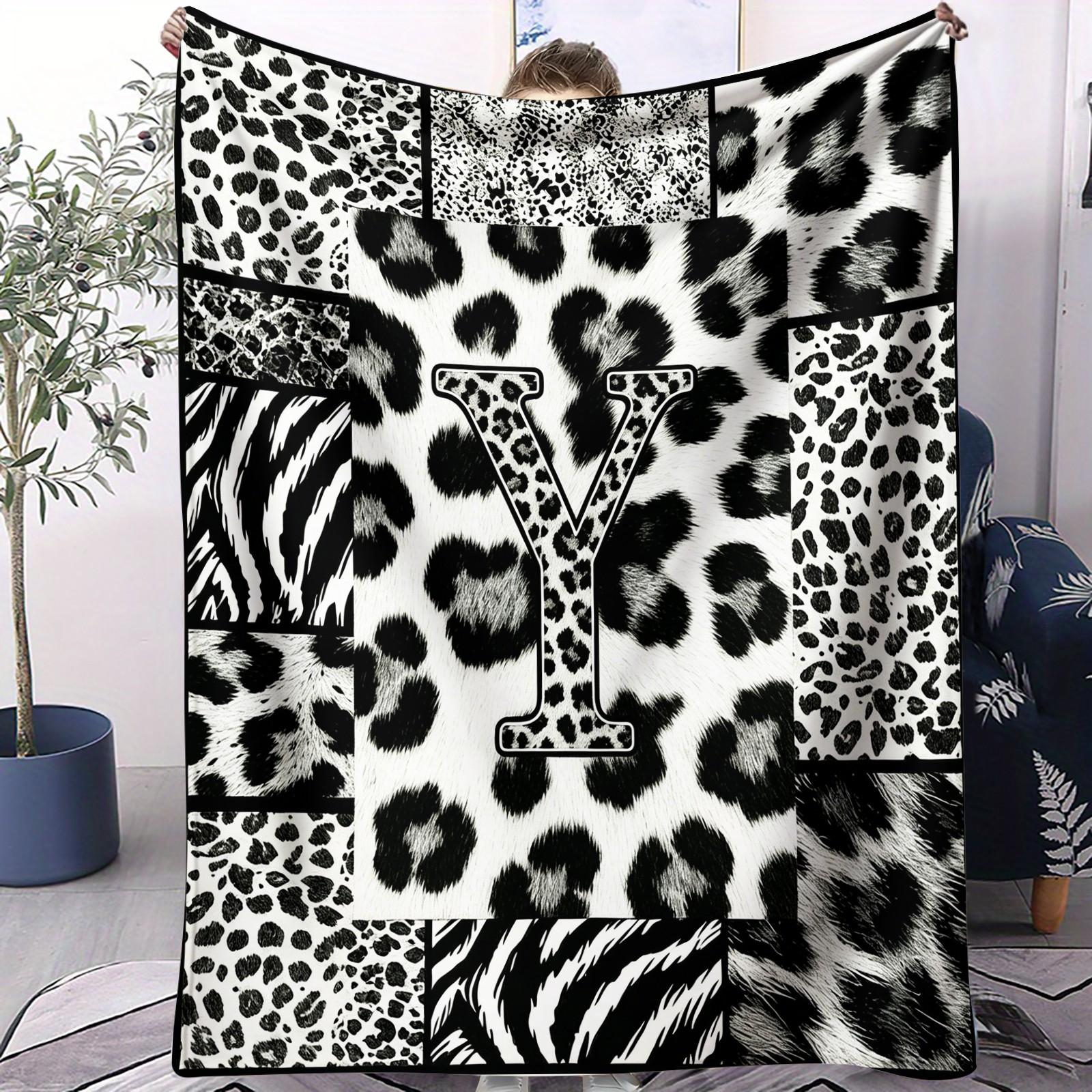 Custom Initial Animal Print Throw Blanket, Trendy Patchwork Visual Impact, Skin-friendly Breathable Lightweight, Perfect for Rental Bedroom Daily Use