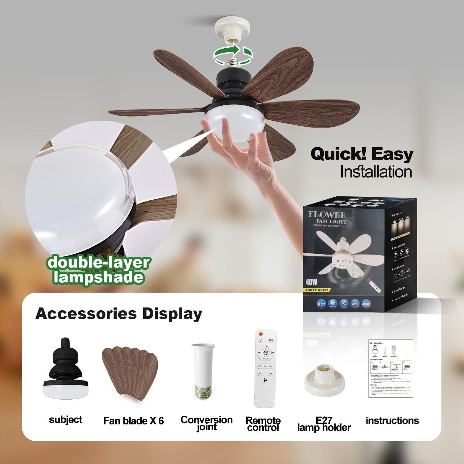 20.5 Inch Dimmable Fan Light Socket, E27 Screw Base, Remote Control Ceiling Fan Lamp Walnut Color, 3 Speeds, 3 Adjustable Colors