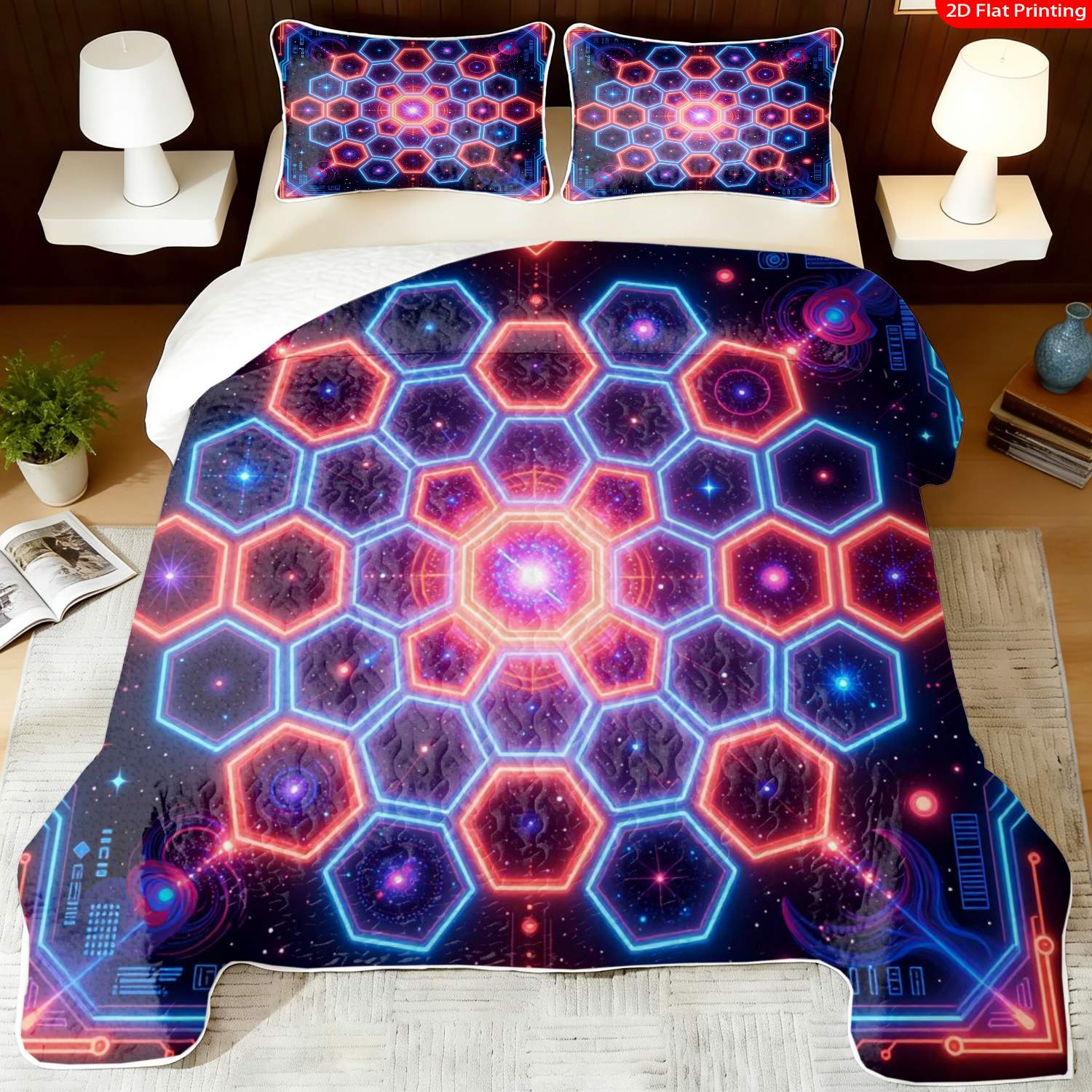 3 pcs, 2D Flat Print Neon Geometric Hexagon Bedspread Set, Soft and Comfortable, Multiple Sizes Available, Suitable for Gifting and Daily Use, Ideal for Creating a Cozy Home Atmosphere(1 bedspread , 2 pillowcases)