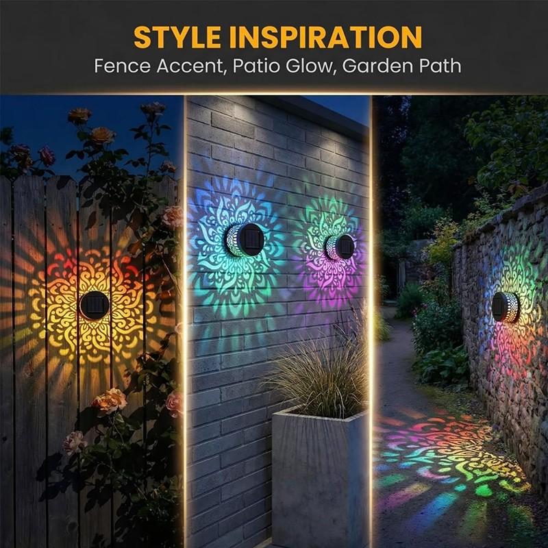 2-Pack Solar Mandala Projector Wall Lights, Waterproof Metal Fence Light, Outdoor Decor for Garden, Patio, Backyard, Courtyard, Outdoor Decorative Lights, Patio Lighting, Solar Powered Lighting