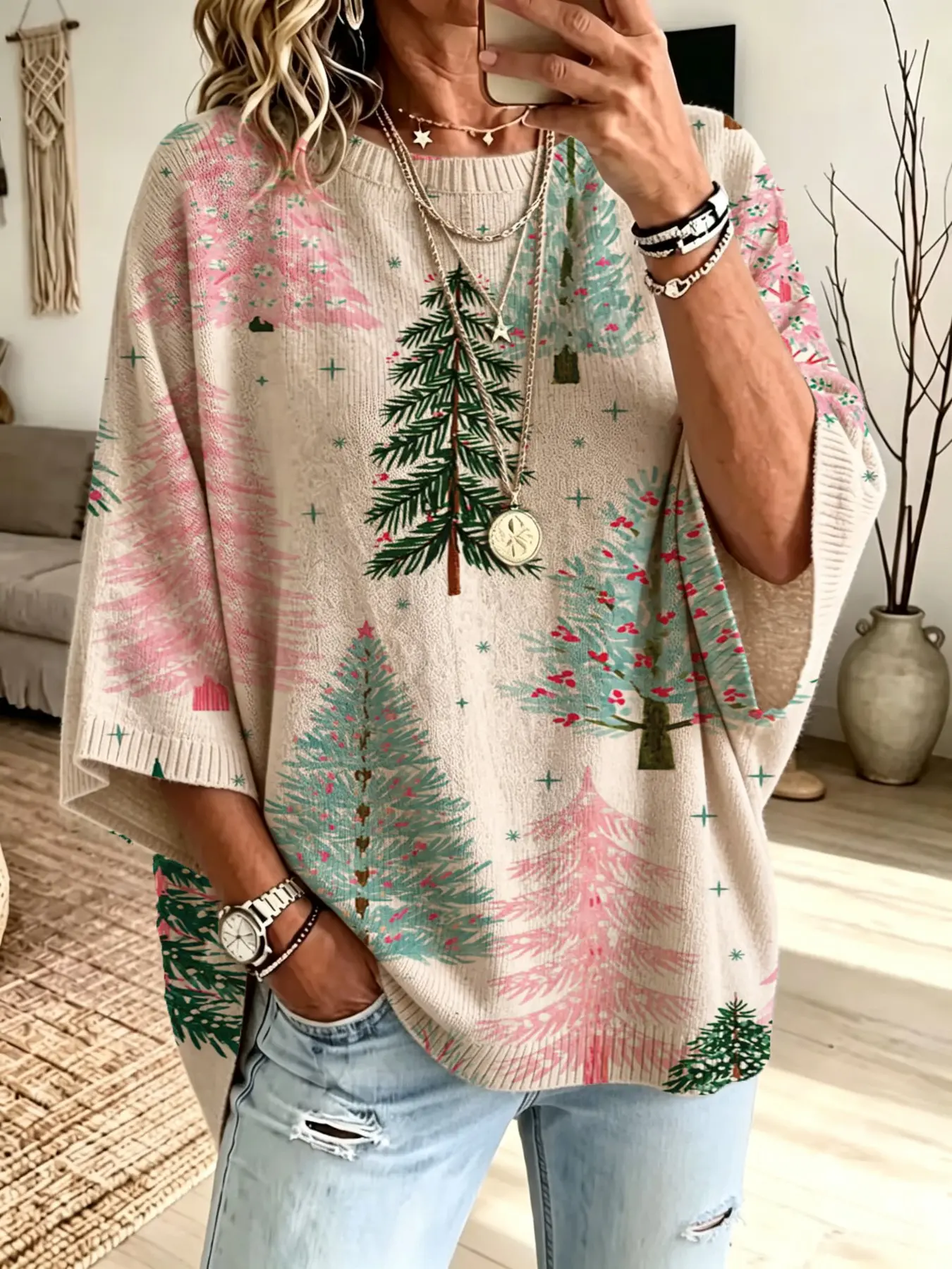 【Black Friday】Christmas Loose Round Neck Knit Top for Women, Lazy Style Lightweight Pullover, Christmas Tree Print Sweater