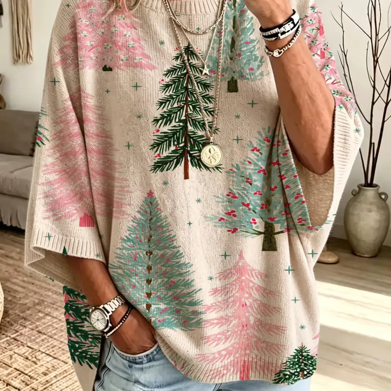 Christmas Loose Round Neck Bat Sleeve Knit Top for Women, Lazy Style Lightweight Pullover, Christmas Tree Print Sweater, Slimming Casual Vest, Knitwear Pullover