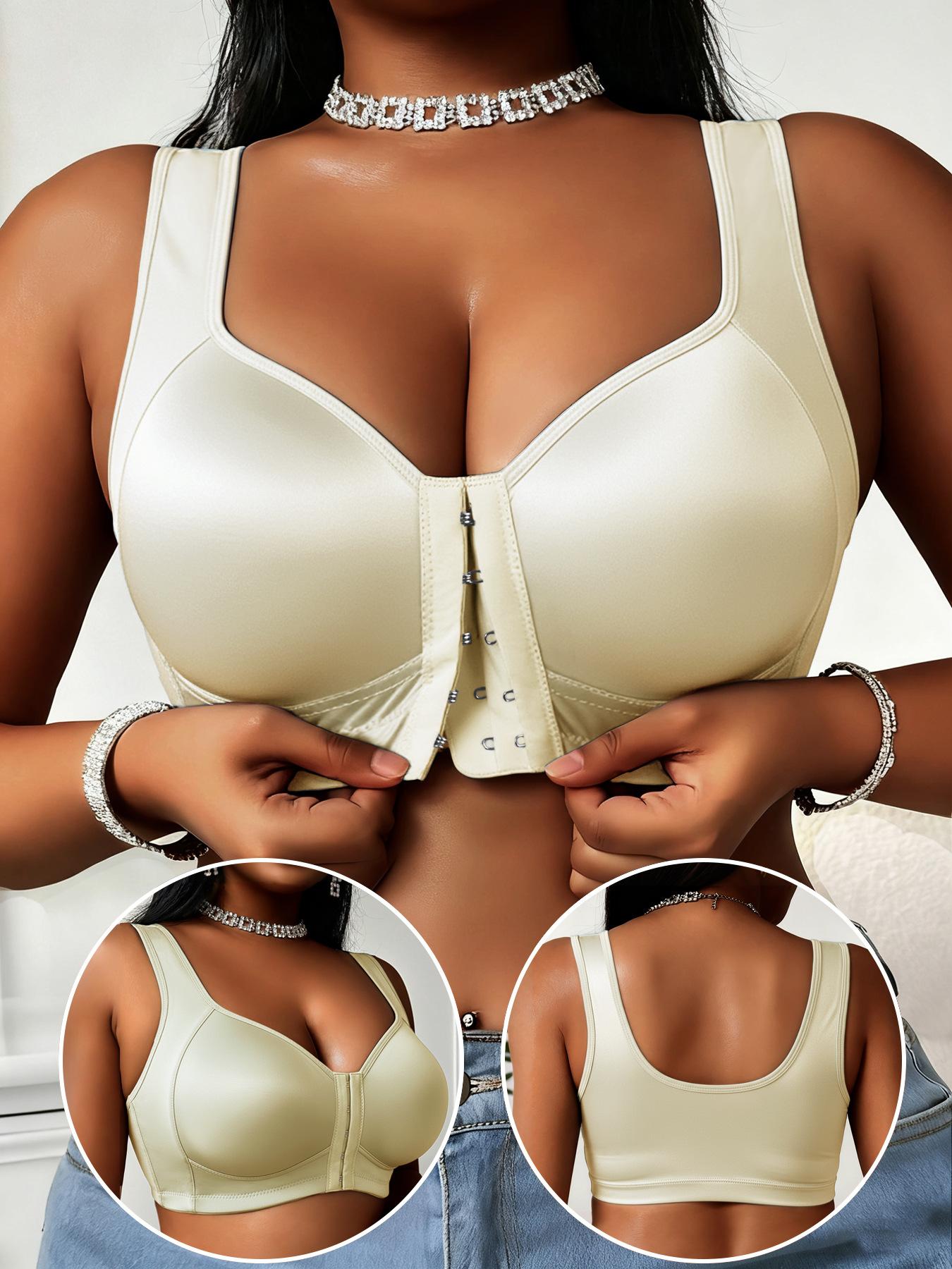 Women's Front Snap Closure Sports Bra, No Underwire Gathered Lift Anti-Sag Plus Size Bras, Smooth Fabric Comfortable Support