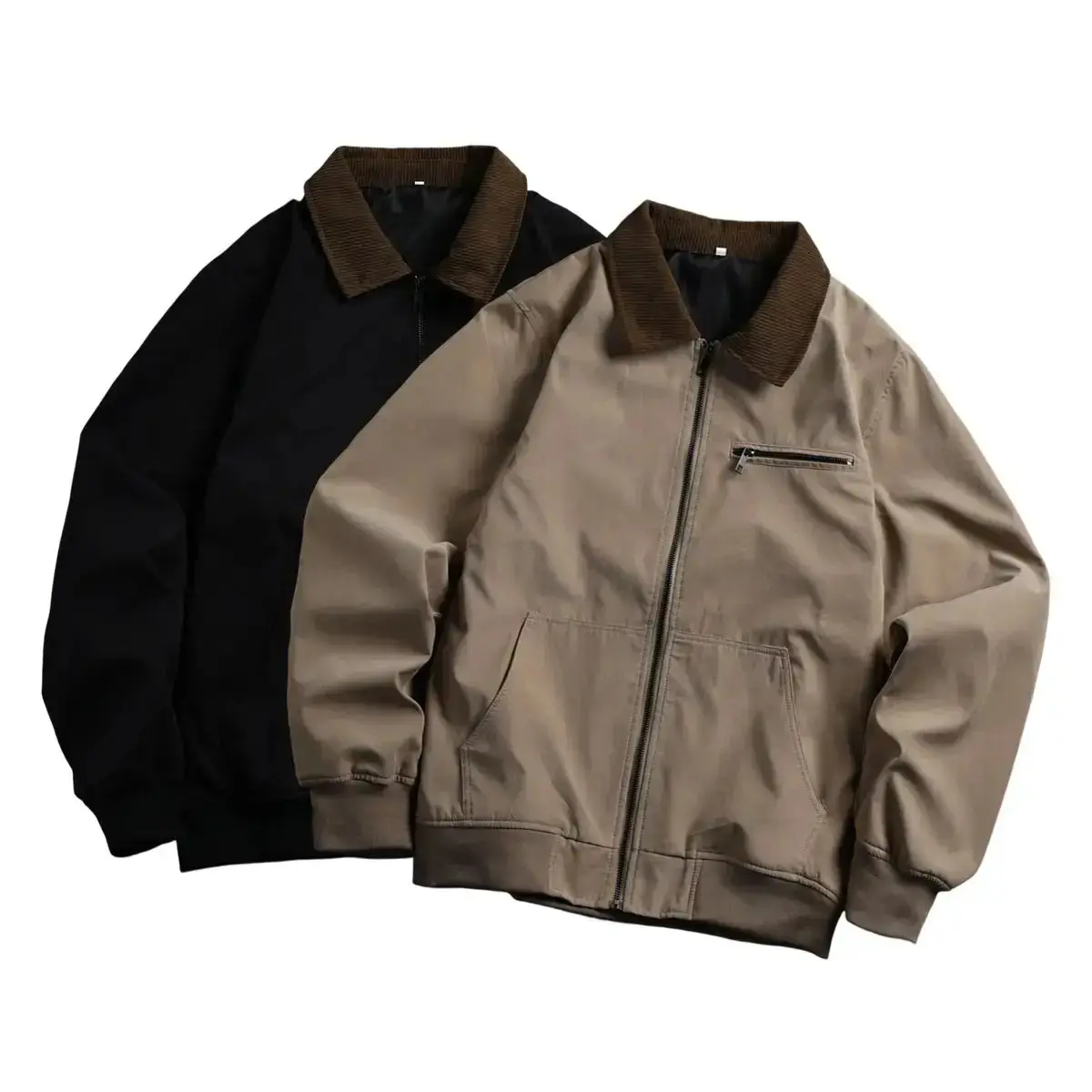 Men's Loose Plain Polyester Utility Jacket - Turn-Down Collar, Pockets, Long Sleeve Zip-Up Top for Commuting, Street Style, Basic Fashion Menswear Coat