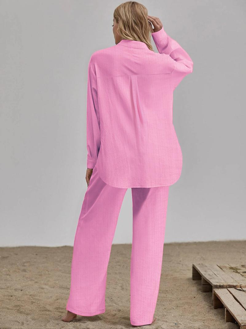 Two-piece Set Women's Solid Color Button Front Shirt & Wide Leg Pants, Casual Comfy Set for Daily Wear, Ladies Clothes for All Seasons, Casual Lounge Set