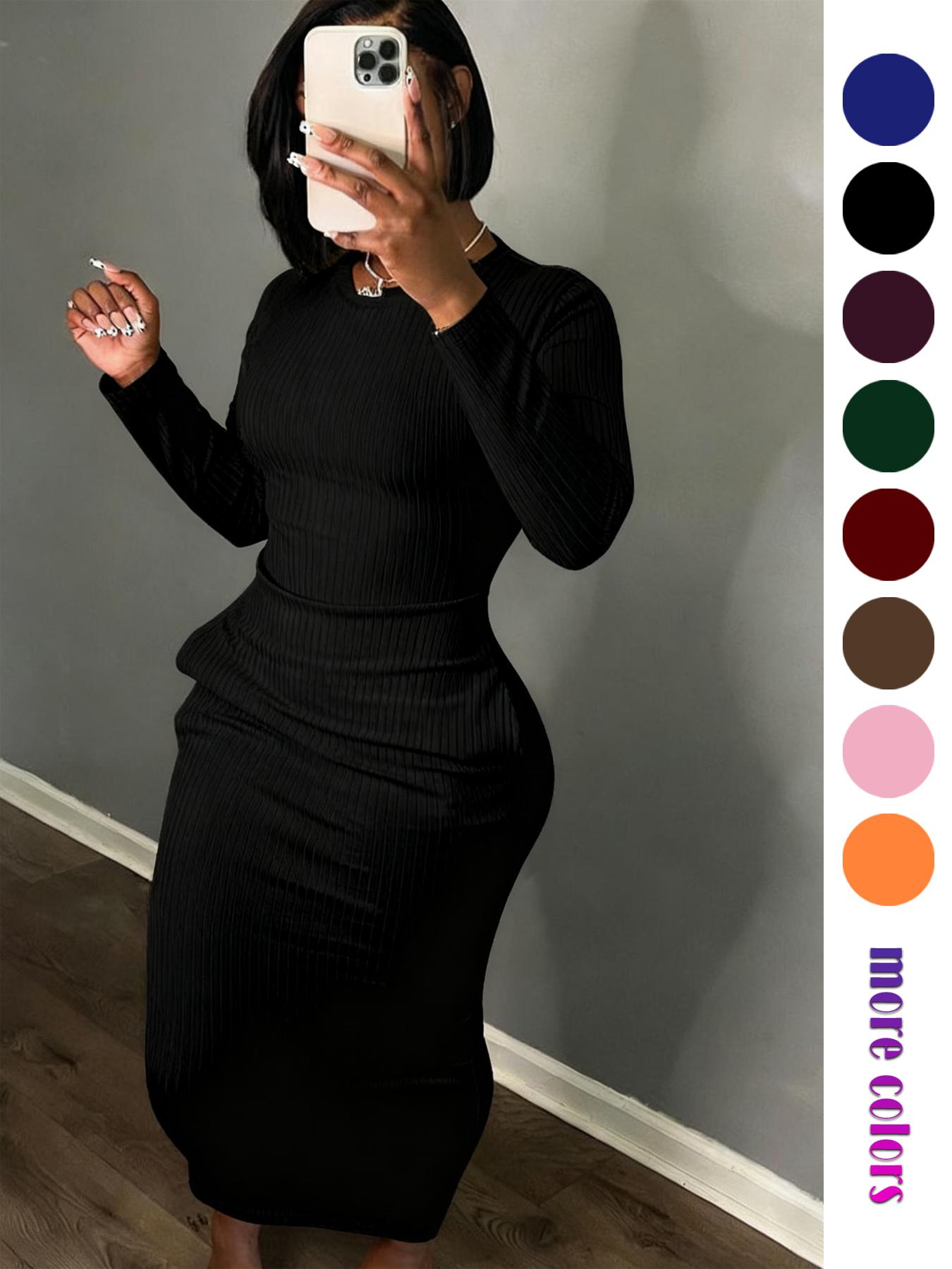 Women's Long Sleeve Dress with Pocket, Breathable Stretchy Fitted Solid Color Maxi Dress for Party, Casual and Travel, Stylish All-Day Wear