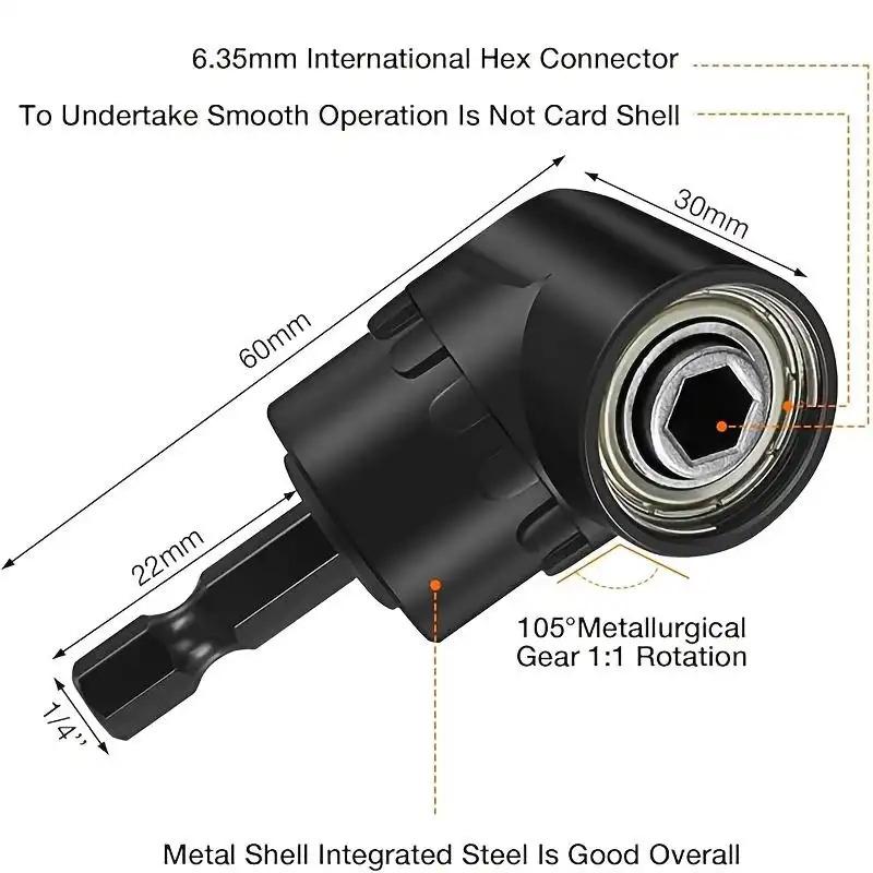Right Angle Drill Attachment Set (6-Piece),including 3 pieces of 360-degree swiveling 1/4-inch, 3/8-inch, and 1/2-inch impact-grade socket adapters, 2 pieces of 105-degree hex shank angle adapters, and a 90-degree right angle drill bit,heavy-duty tool kit