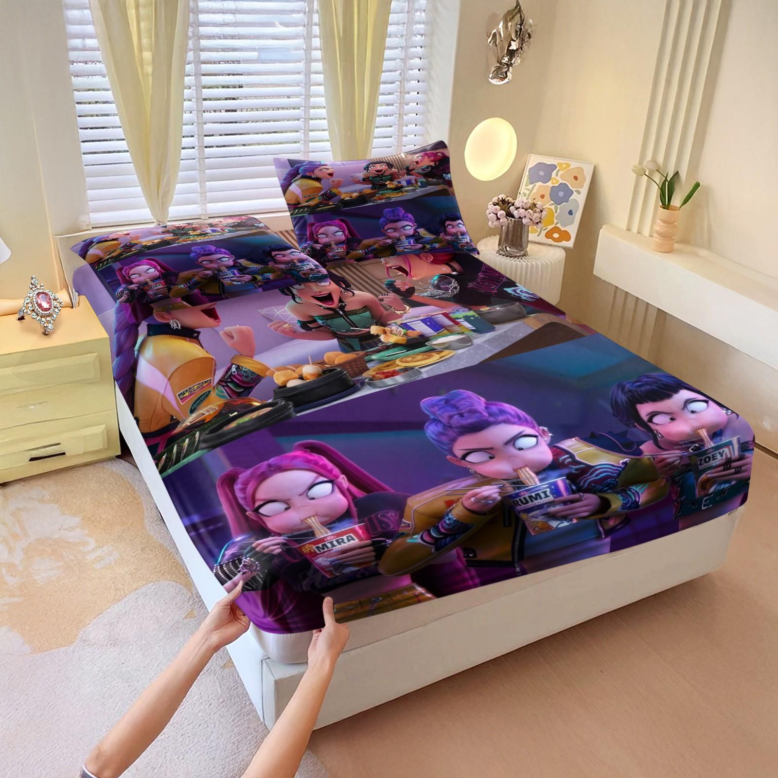 Kpop Girl Group Casual Style Bed Sheet Set, Anti-Slip Anime Idol Themed Mattress Covers, Fashionable Home Decor Accessories
