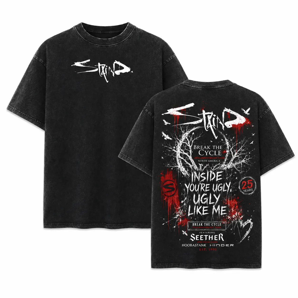 STAIND Band Tee Washed – Break The Cycle 25th Anniversary Tour Vintage Menswear Top Heavy Cotton Underwear Double Printed Unisex Oversize Alternative Metal Post-Grunge Hard Rock Graphic, STAIND Band T-Shirt, Hoodie & Sweatshirt Y2K Streetwear Cotton Tee