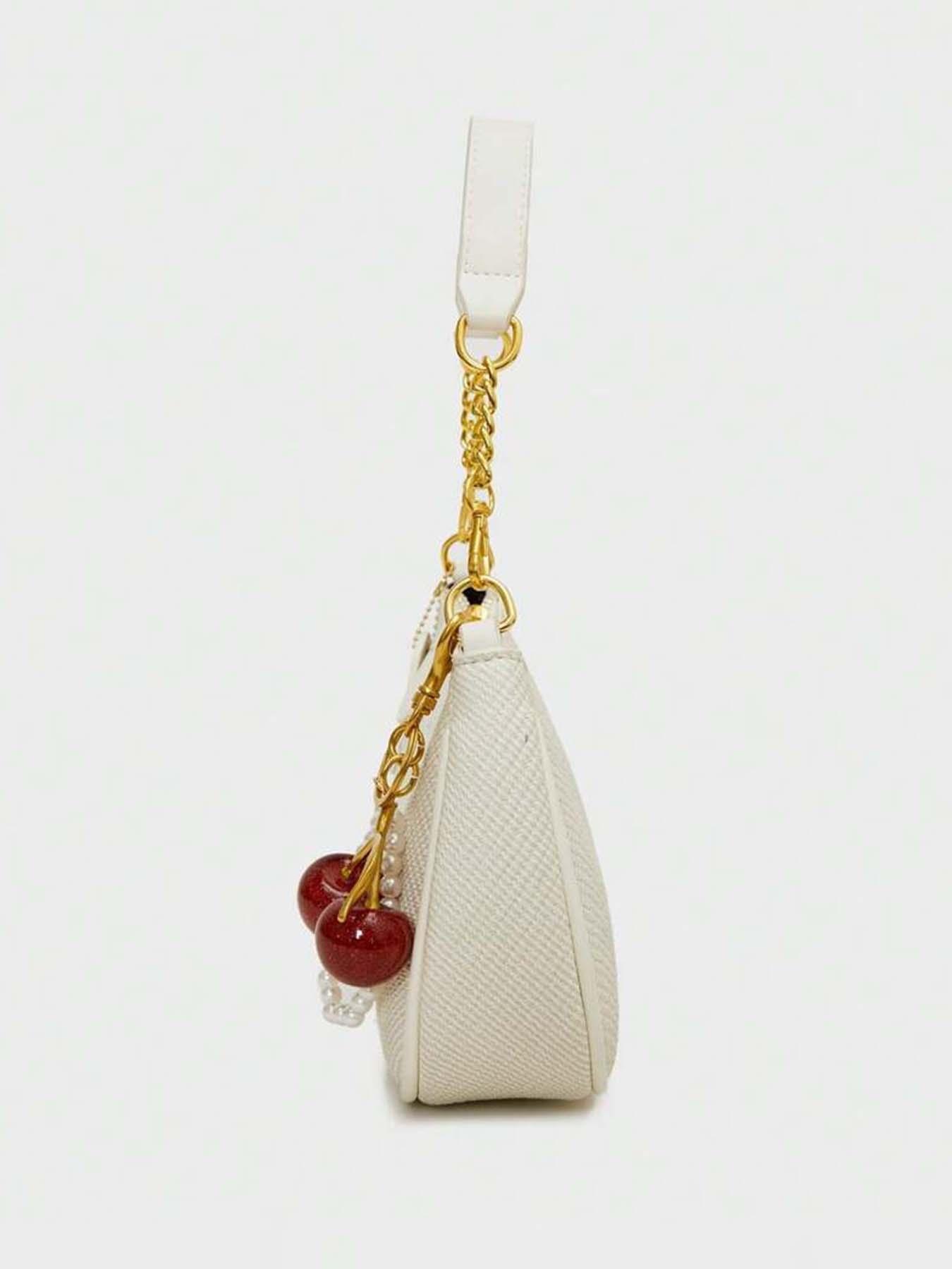 Small fresh  sweet shaped shoulder handbag, white lychee pattern simple classic design, cherry pearl chain bag, exquisite fashion   versatile, niche design suitable for daily commuting, shopping, etc., Elegant shoulder bag