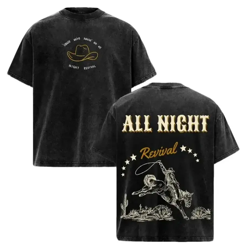 Women's ZB Tour 2026 All Night Revival Vintage Washed Western Cowboy Graphic Tee - Double-Sided Print, Loose Regular Oversized Heavyweight Cotton Unisex T-Shirt, All Seasons, Cold Machine Wash Streetwear Apparel, Medium Length