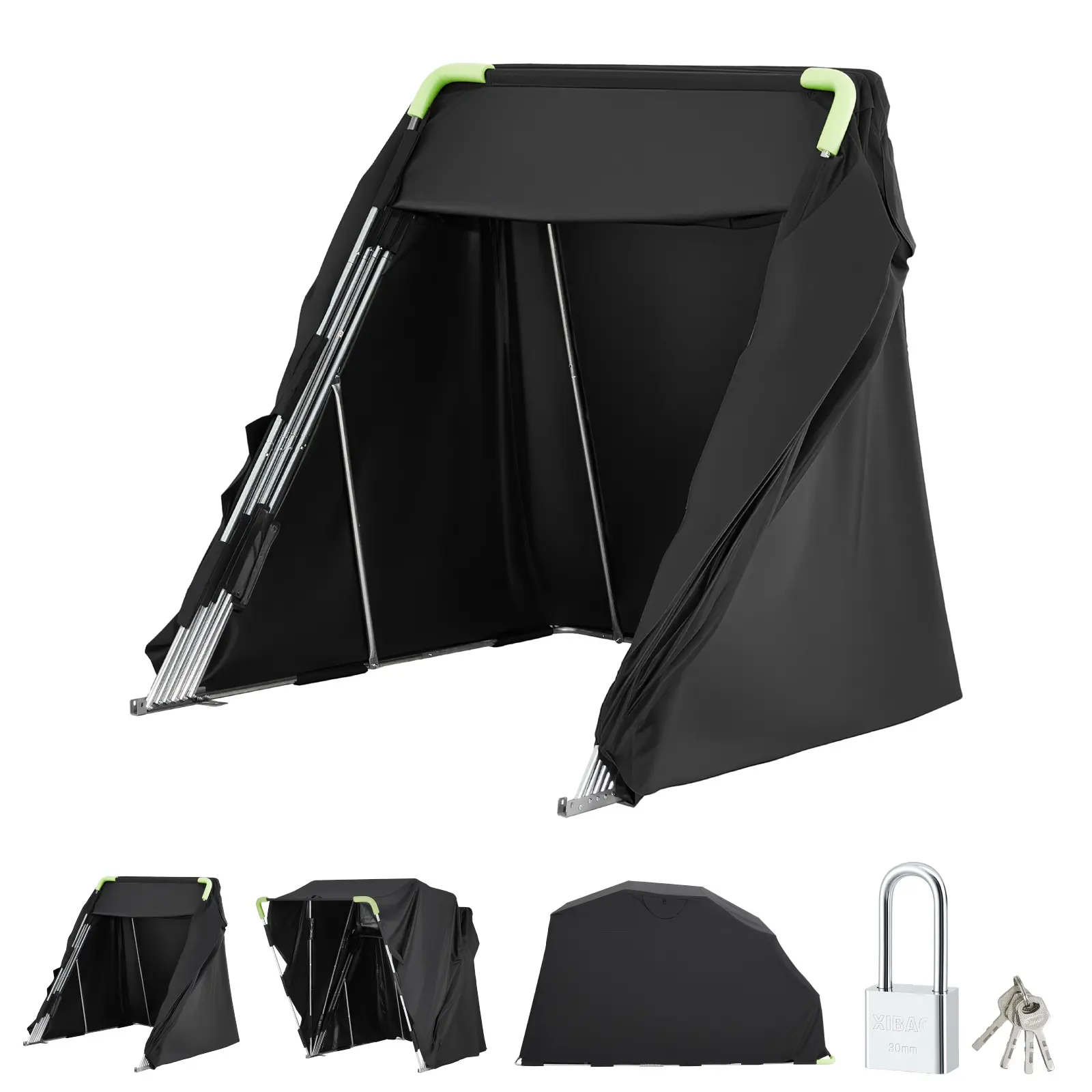 Motorcycle Storage Shelter with Security Lock, 600D Oxford Flip-Up Garage Tent, Heavy-Duty All-Weather Motorcycle Cover with Ventilation Windows, 136x54x75 in Outdoor Vehicle Shelter, Black