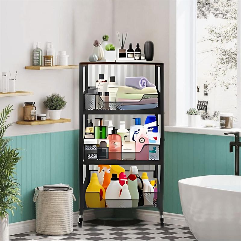 Rolling Fruit Vegetable Basket Stand for Kitchen 4-Tier Storage Cart on Wheels with Wood Top Metal Utility Organizer Trolley Cart for Pantry, Office, Bathroom