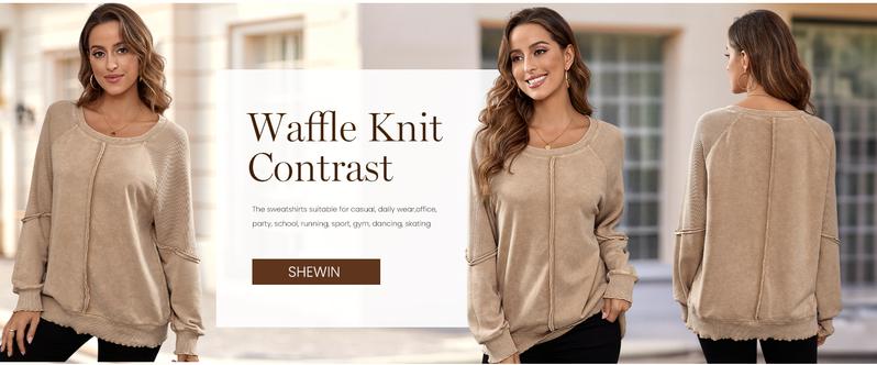 Shewin 2026 Cozy Distressed Waffle Knit Sweatshirt Women’s Long Sleeve Pullover Soft Layering for Casual Daily Leisure Looks Ultra-soft Lightweight & Breathable Tie-Dye Fabric - Womenswear