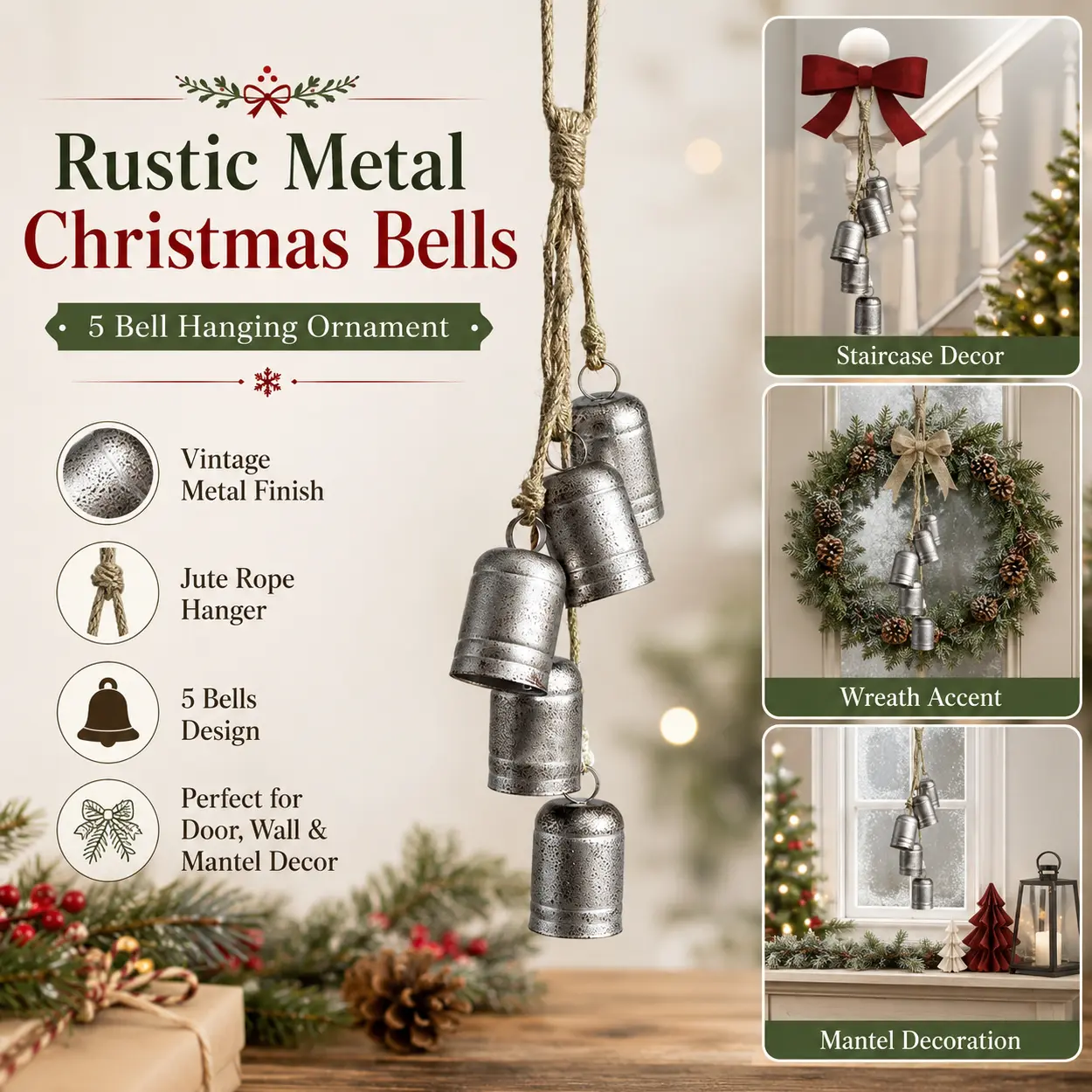Vintage Christmas Hanging Bells, Rustic Metal Jingle Bells with Rope Loop Design, Decorative Holiday Bell Ornament for Front Door, Staircase, Window, Garland, Wreath Decoration, Farmhouse Christmas Home Decor, Party Display and Seasonal Crafts