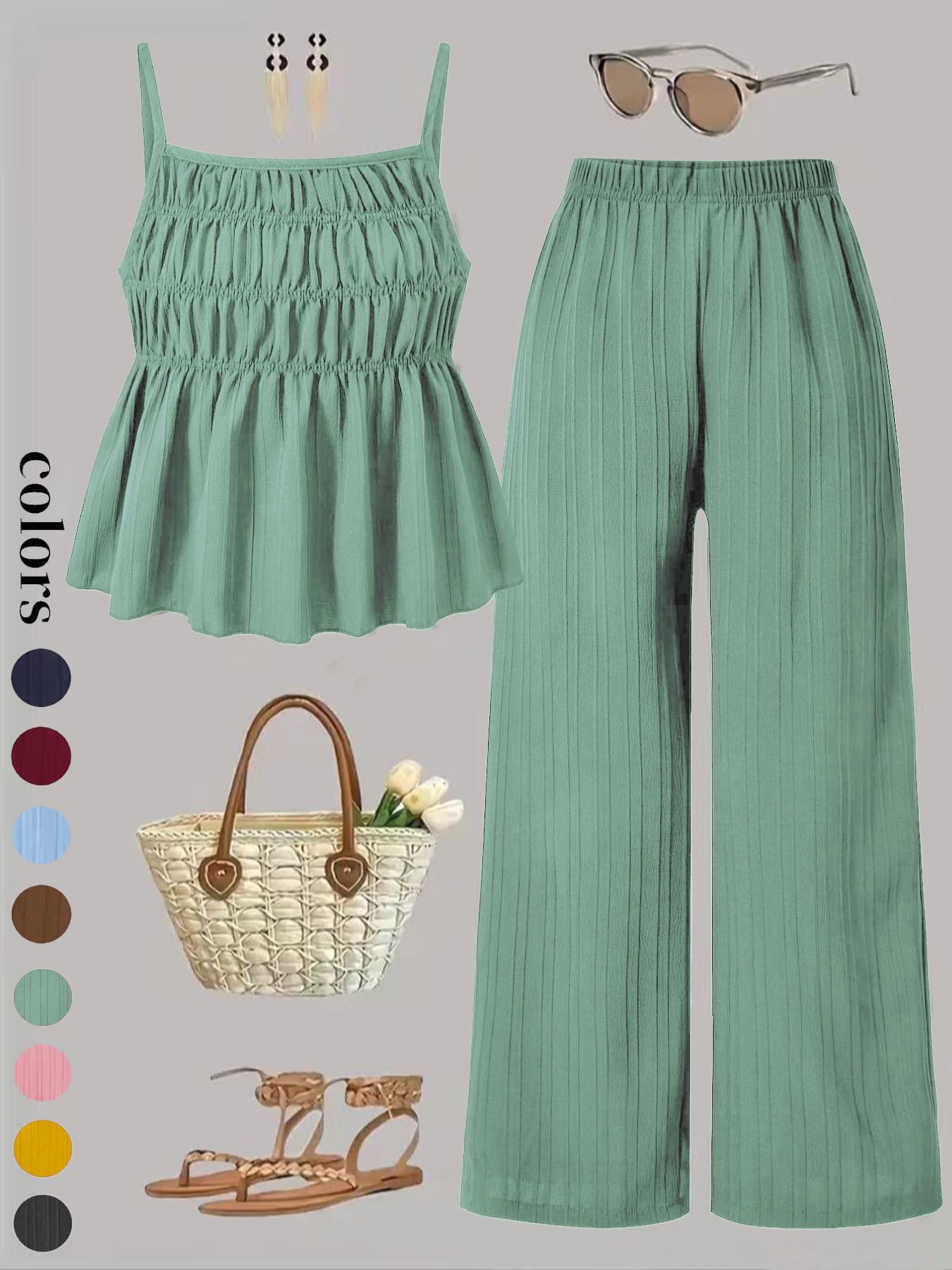 Two-Piece Set Women's Solid Color Cami Top & Wide Leg Pants Set, Street Fashion Casual Outfits for Daily Outdoor Wear, Ladies Clothes for All Seasons Two-Piece Set Women's Solid Color Cami Top & Wide Leg Pants Set, Street Fashion Casual Outfits for Daily Outdoor Wear, Ladies Clothes for All Seasons