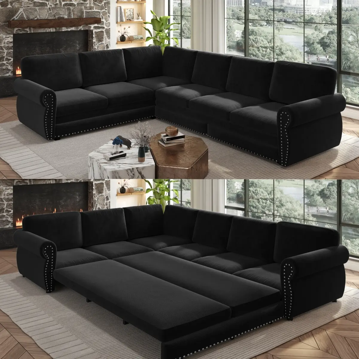 118" L-Shaped Modular Convertible Sofa Bed with Pull-Out Sleeper, Oversized Chenille 6-Seater Sectional Couch with Nailhead Trim & Rolled Arms for Living Room, Black
