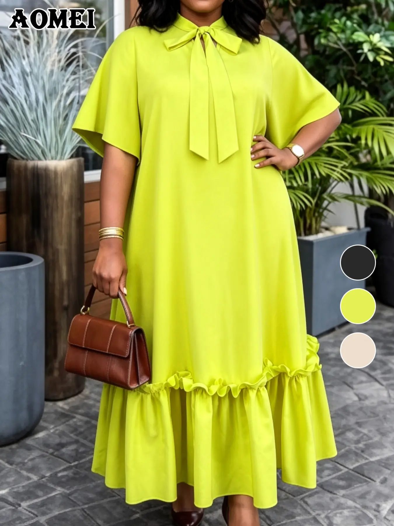 AOMEI Elegant Loose Fit Dress, Bow Neck Short Sleeve Long Dress, Ruffled Hem, Casual Style, Perfect for Parties and Daily Wear