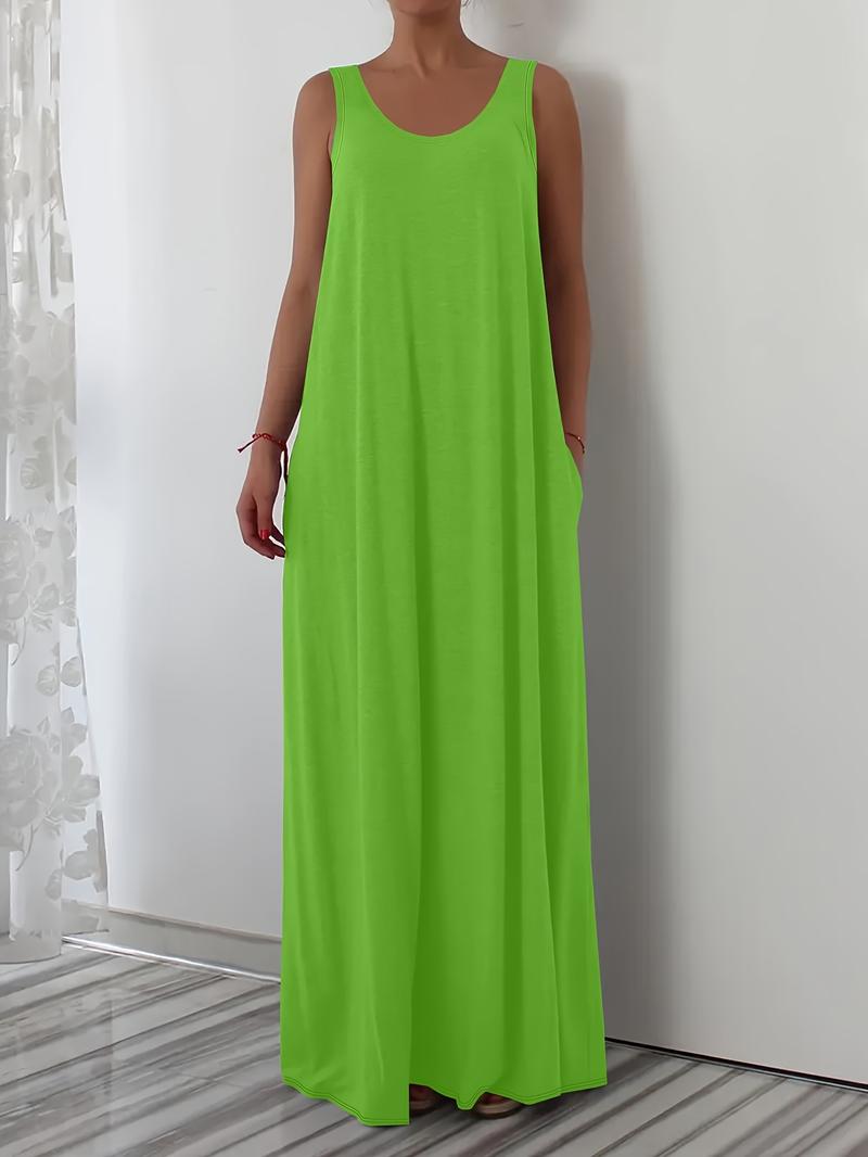 Elegant Plus Size Women's Sleeveless Round Neck Plain Vest Dress, Casual Home Wear, Comfortable Fit, Multiple Colors Available