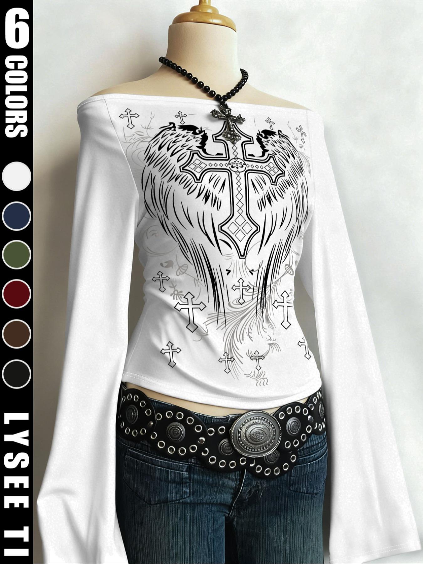 Fashion Casual Y2K Women's Cross Print One-Shoulder Flare Sleeve Top, Halloween Style, Fitted Design, Fall & Winter Wear, Aesthetic