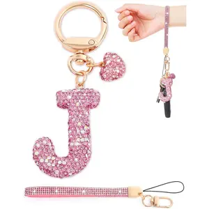Initial Keychain for Women Girls,Bling Letter Key chain Initial with Heart,Pink Keychain Charms for Backpack Handbag