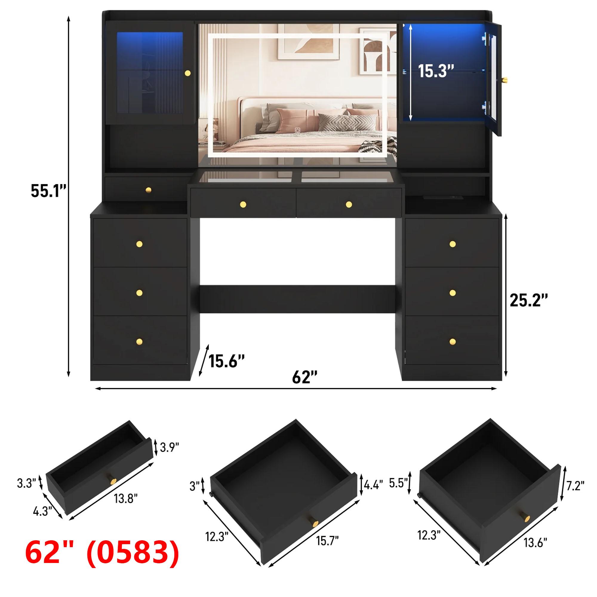 62" Large Vanity Desk w/ Tempered Glass Top,60000-color LED Lights,Power Outlet, Make up Vanity w/ 3 Lights Mode LED Mirror,2 RGB Cabinet LED Vanity Table for Women,Girls (White/Black) 62" Large Vanity Desk w/ Tempered Glass Top,60000-color LED Lights,Power Outlet, Make up Vanity w/ 3 Lights Mode LED Mirror,2 RGB Cabinet LED Vanity Table for Women,Girls (White/Black)