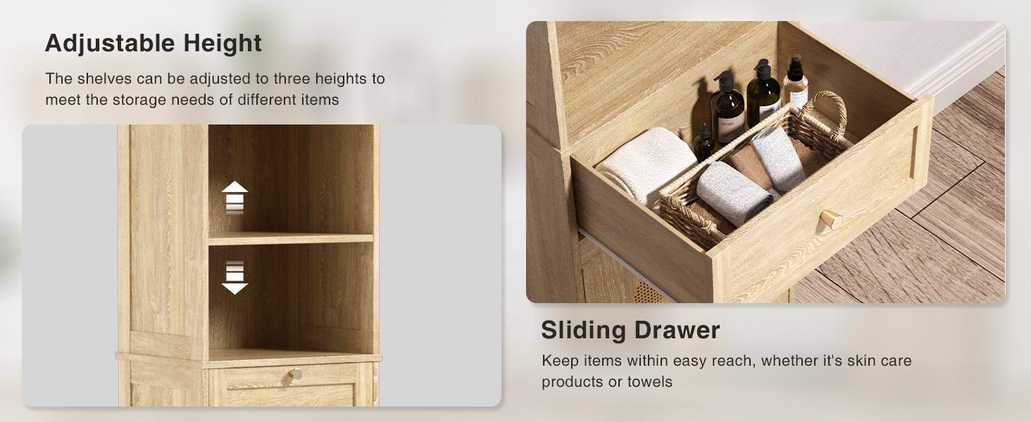 Vabches 67''H Bathroom Storage Cabinet with Rattan Doors and Slide storage, Tall narrow standing Tower Cabinet with Adjustable Shelves, Small Bathroom Floor Cabinet for Entryway, Kitchen, Natural