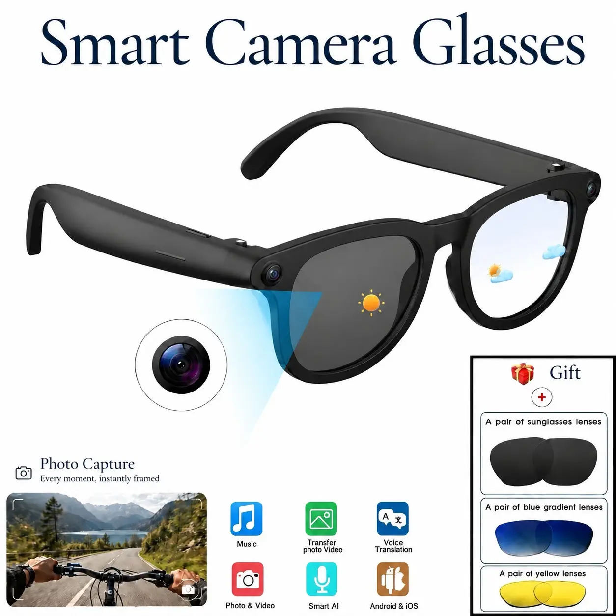 Photography AI Smart Bluetooth Glasses, Includes Three Replacement Lenses, Photo & Video Recording, UV Protection, Blue Light Filtering, Enhanced Lighting, Real-Time Language Translation